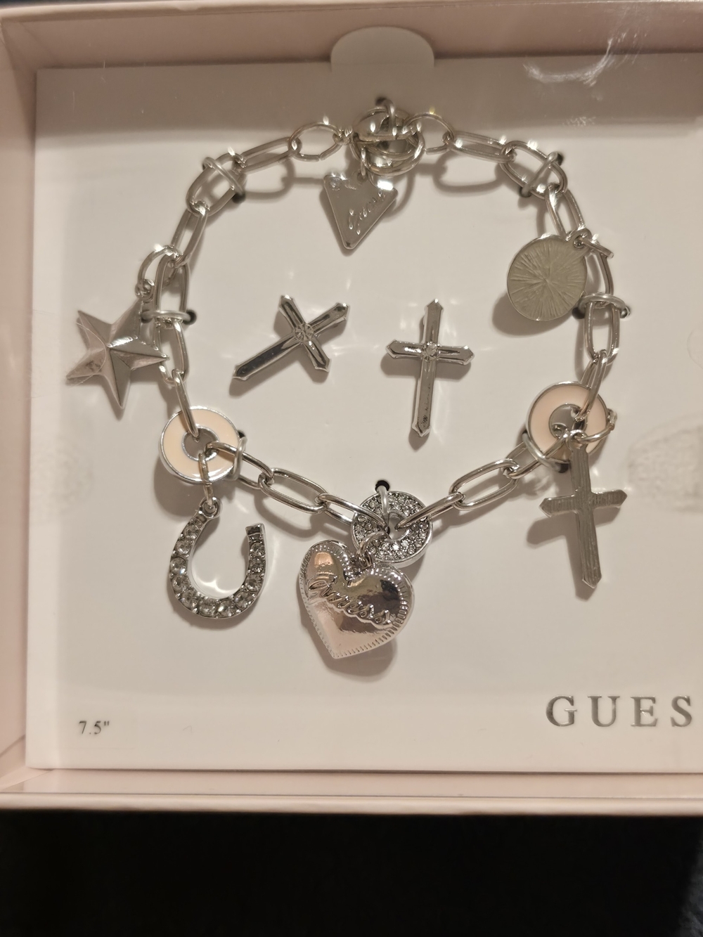 GUESS Silver-Tone Multi-Charm Bracelet with Heart, Cross & Horseshoe